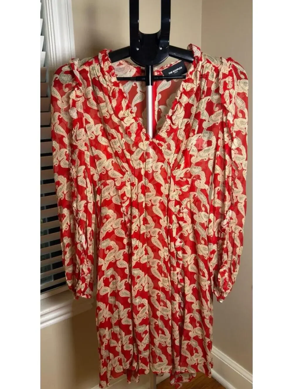 The Kooples Paris Red Paisley Ruffle Mini Dress Size 1 NWT Sheer Long Sleeve $42